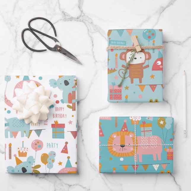Cute Happy Birthday Animals Koala Lion Sloth Wrapping Paper Sheet (Front)