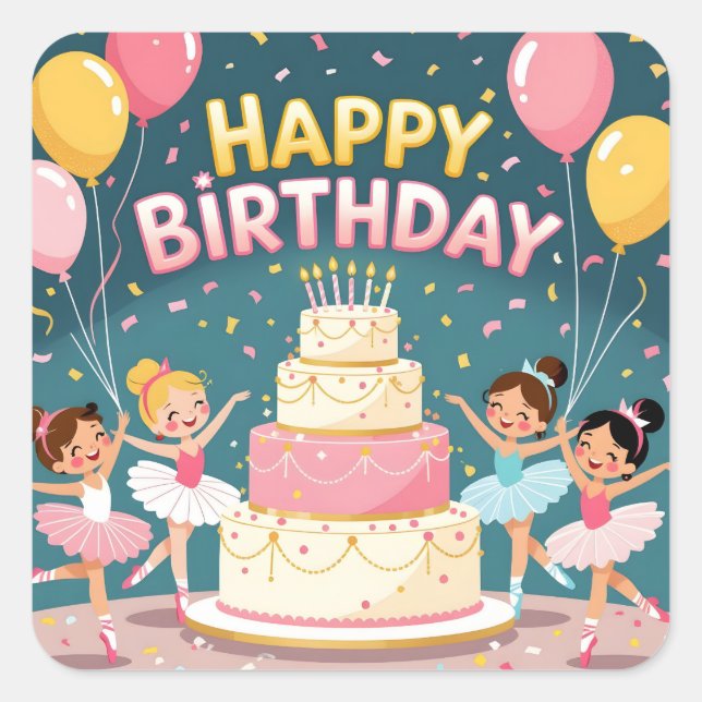 Cute Happy Birthday ballerina theme Square Sticker (Front)