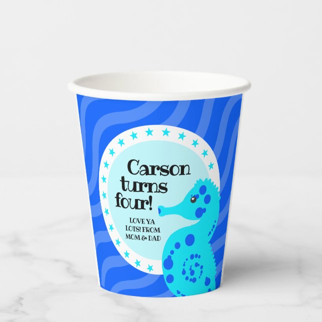 Cute Happy Birthday Blue Boy Seahorse on Waves Paper Cups (Front)