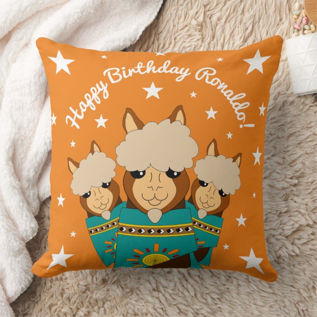 Cute Happy Birthday Boy Alpacas in Teal Serapes Cushion (Blanket)