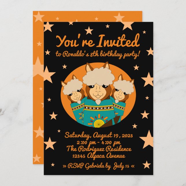 Cute Happy Birthday Boy Alpacas in Teal Serapes Invitation (Front/Back)