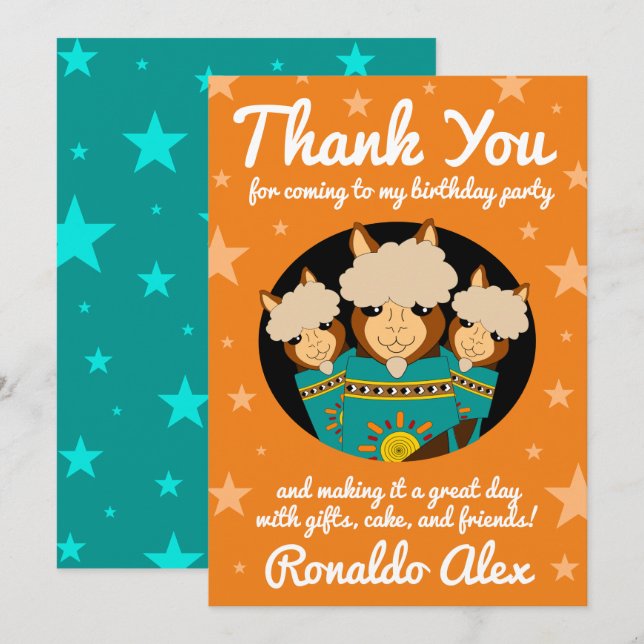 Cute Happy Birthday Boy Alpacas in Teal Serapes Thank You Card (Front/Back)