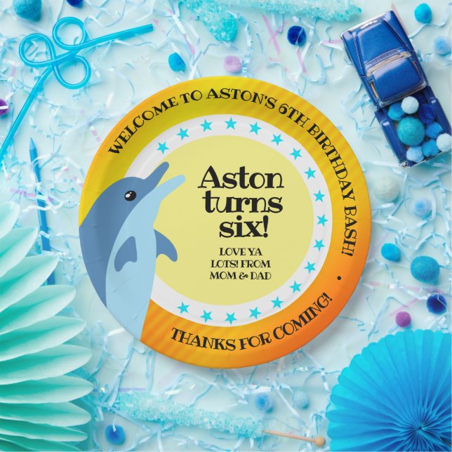 Cute Happy Birthday Boy Dolphin in the Sun Paper Plate (Party)