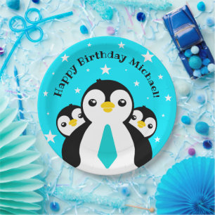 Cute Happy Birthday Boy Penguins Blue Neckties Paper Plate