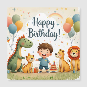 Cute Happy Birthday Card with Animals and Boy