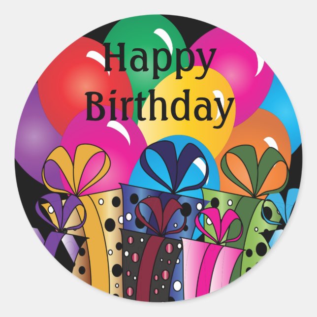 Cute Happy  Birthday | Colourful Balloons & Gifts Classic Round Sticker (Front)