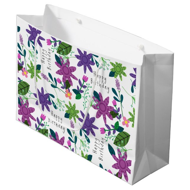 Cute Happy Birthday Colourful Floral  Large Gift Bag (Front Angled)