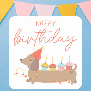 Cute Happy Birthday Dog Modern Birthday Square Sticker
