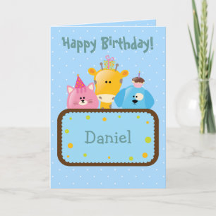 Cute Happy Birthday Giraffe, Dog & Cat Card