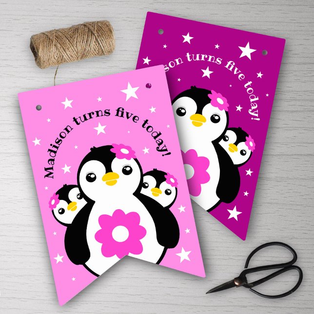Cute Happy Birthday Girl Penguins Pink Flowers Bunting (Cute Happy Birthday Girl Penguins Pink Flowers Bunting Flags Cover Photo.)