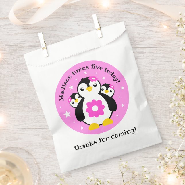 Cute Happy Birthday Girl Penguins Pink Flowers Favour Bag (Clipped)