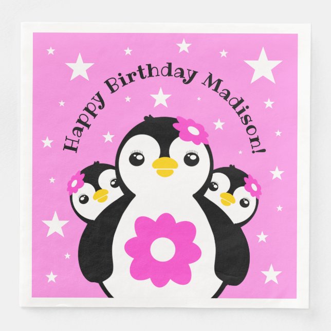 Cute Happy Birthday Girl Penguins Pink Flowers Napkin (Front)