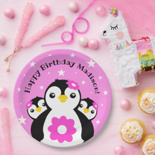 Cute Happy Birthday Girl Penguins Pink Flowers Paper Plate