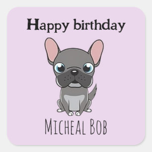 Cute happy birthday grey pug dog purple square sticker