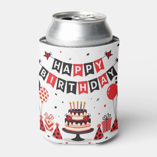 Cute Happy Birthday ladybug theme Can Cooler (Can Front)