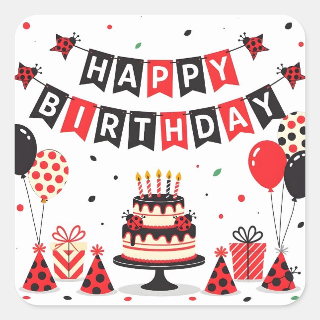 Cute Happy Birthday ladybug theme Square Sticker (Front)