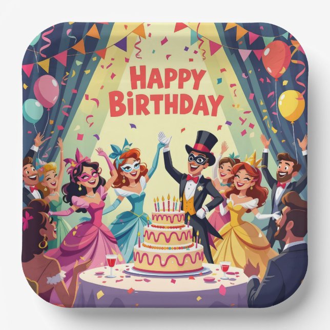 Cute Happy Birthday masquerade theme Paper Plate (Front)