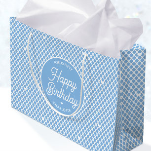 Cute Happy Birthday Name Any Age Blue Modern Large Gift Bag