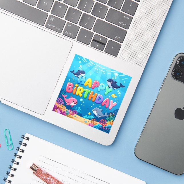 Cute Happy Birthday nautical dolphin (Laptop w/ iPhone)