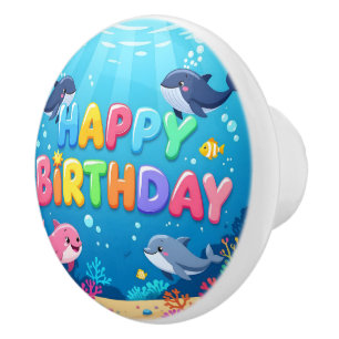 Cute Happy Birthday nautical dolphin Ceramic Knob