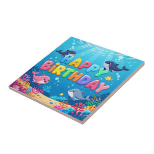 Cute Happy Birthday nautical dolphin Ceramic Tile