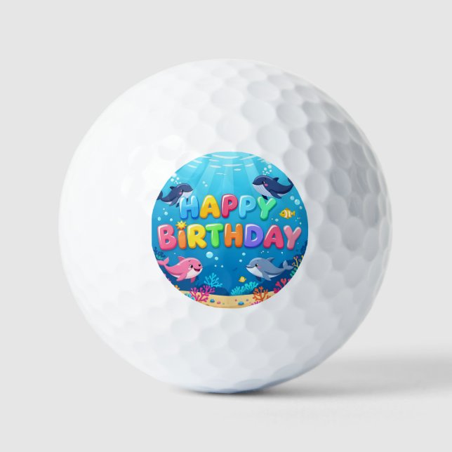 Cute Happy Birthday nautical dolphin Golf Balls (Front)