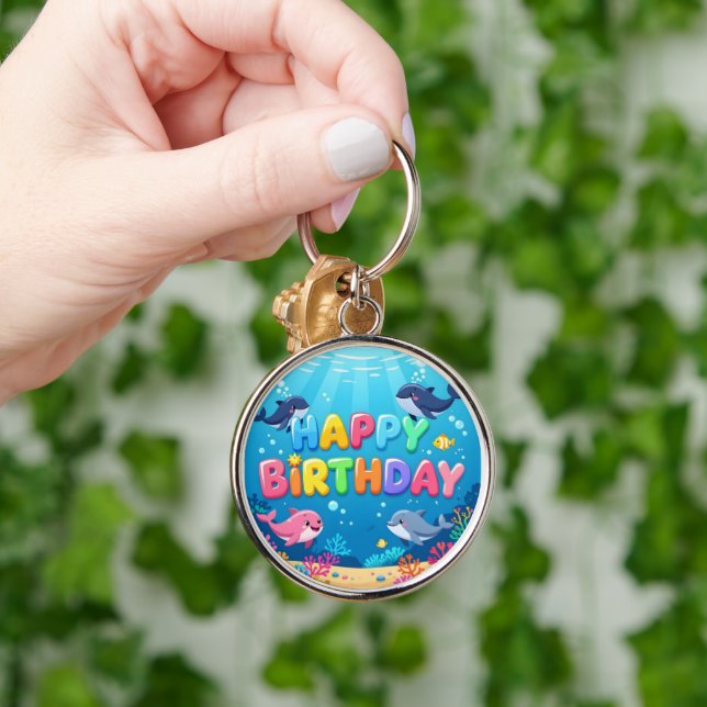 Cute Happy Birthday nautical dolphin Key Ring (Hand)