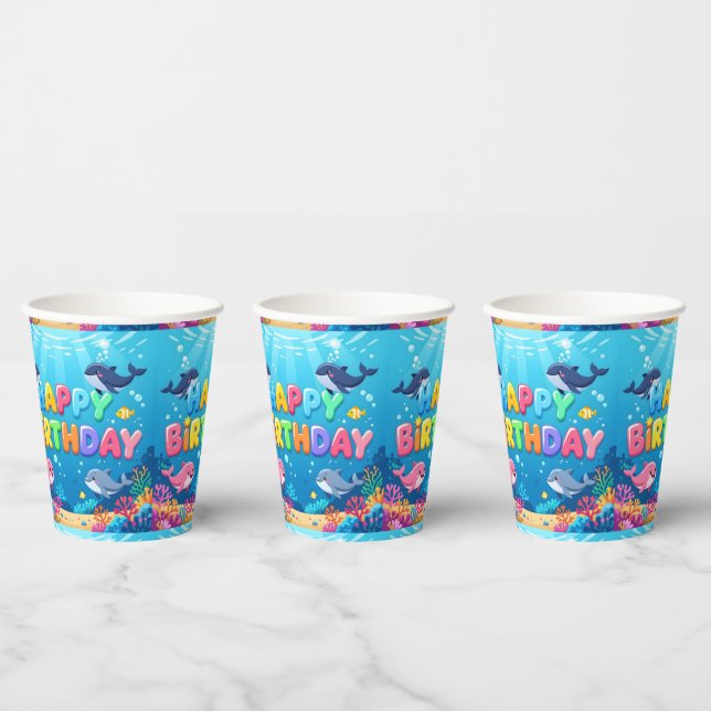 Cute Happy Birthday nautical dolphin Paper Cups (Multi)