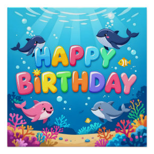 Cute Happy Birthday nautical dolphin Poster