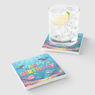 Cute Happy Birthday nautical dolphin Stone Coaster