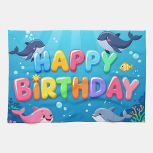 Cute Happy Birthday nautical dolphin Tea Towel