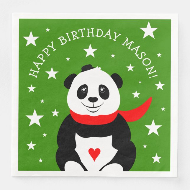Cute Happy Birthday Panda with Bowler Hat & Scarf Napkin (Front)