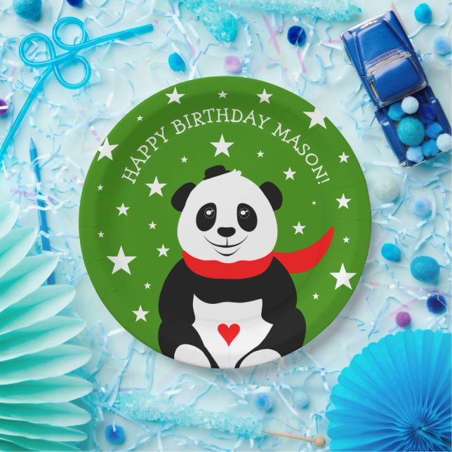 Cute Happy Birthday Panda with Bowler Hat & Scarf Paper Plate (Party)