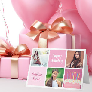 Cute Happy Birthday Pink Photo Collage Custom Card