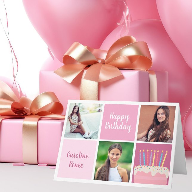 Cute Happy Birthday Pink Photo Collage Custom Card (Creator Uploaded)