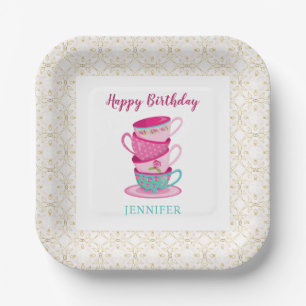 Cute Happy Birthday Tea Party Pink Whimsical Paper Plate