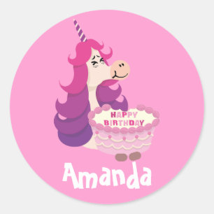 Cute Happy Birthday Unicorn Pink Purple simple Classic Round Sticker