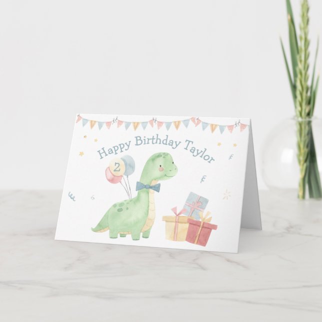 Cute Happy Birthday Watercolor Dinosaur Two Years  Card (Front)