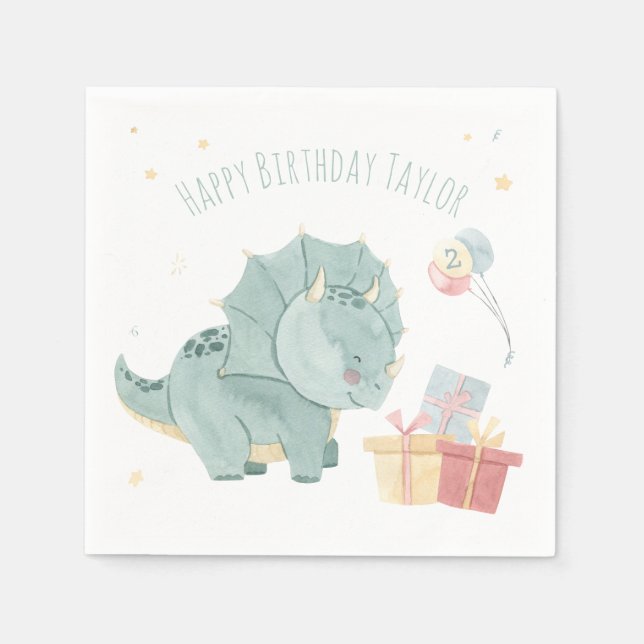 Cute Happy Birthday Watercolor Dinosaur Two Years Napkin (Front)