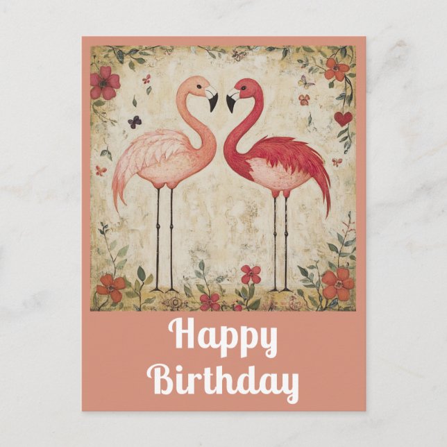 Cute Happy Birthday Watercolor Pink Flamingo Postcard (Front)
