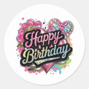 Cute Happy Birthday word art ladies Classic Round Sticker