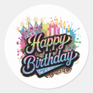 Cute Happy Birthday word art ladies Classic Round Sticker