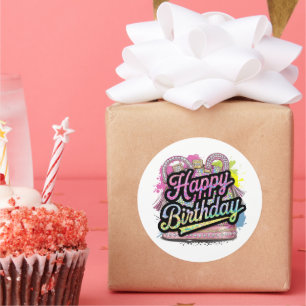 Cute Happy Birthday word art ladies Classic Round Sticker