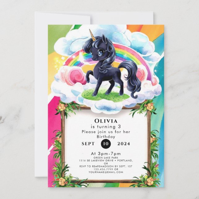 Cute Happy Black Unicorn Birthday Invitation (Front)