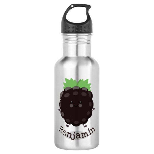 Cute happy blackberry purple cartoon illustration 532 ml water bottle (Front)