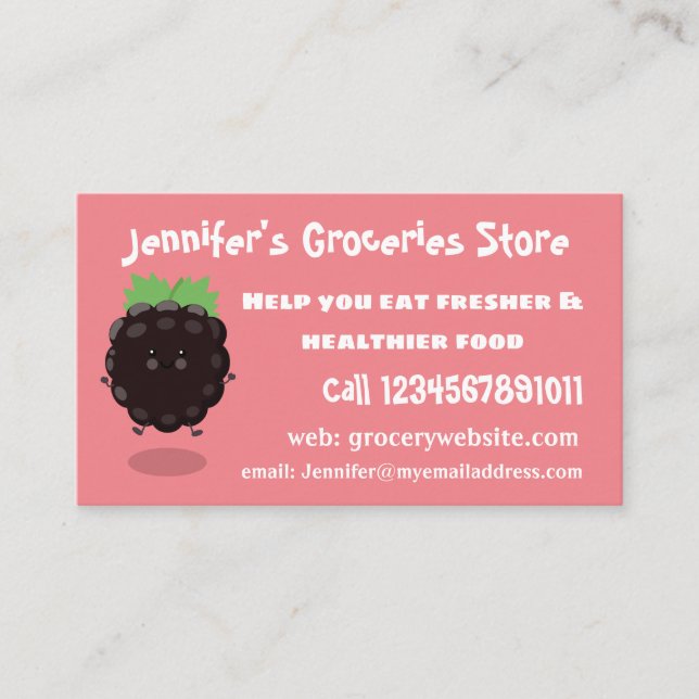 Cute happy blackberry purple cartoon illustration business card (Front)