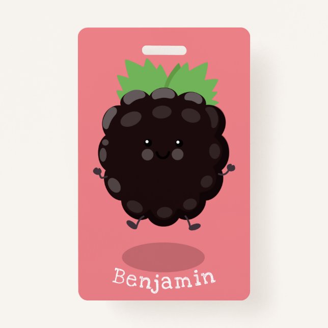 Cute happy blackberry purple cartoon illustration ID badge (Front)