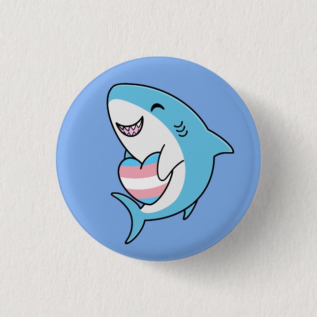 Cute Happy Blahaj Blue Shark Holding Trans Heart 3 Cm Round Badge (Front)