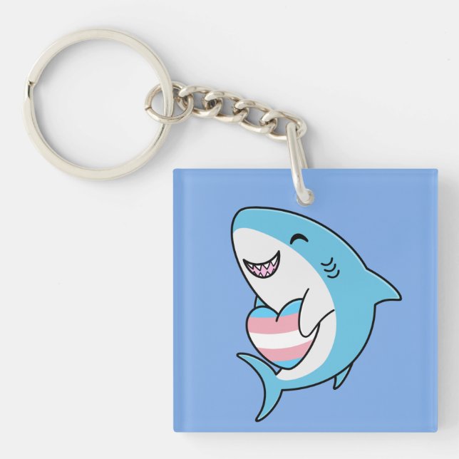 Cute Happy Blahaj Blue Shark Holding Trans Heart Key Ring (Front)