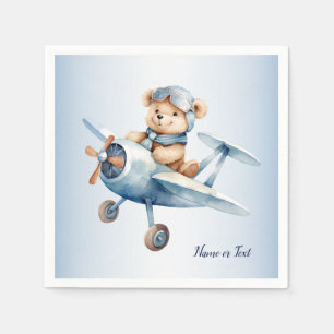 Cute Happy Blue Bear Pilot Aeroplane Party Napkin